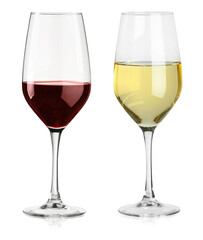 Glasses of white and red wine isolated on white