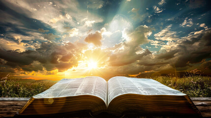 An open Bible amongst autumn leaves with warm sunlight filtering through trees, signifying peace and contemplation