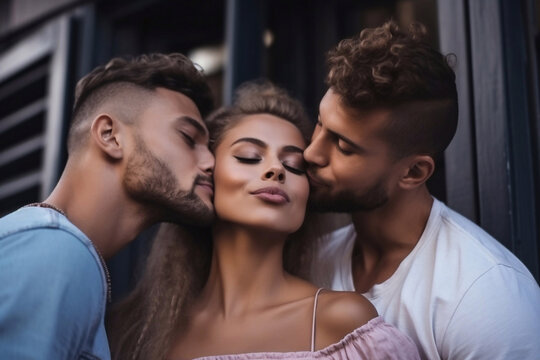 Two men kiss a girl on the cheek. Portrait of two boys and a girl between them, polygamy