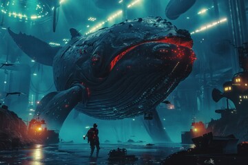 Amidst Arcadias depths a gamer manager faces off with robots a leviathan whale and lurking monsters - obrazy, fototapety, plakaty