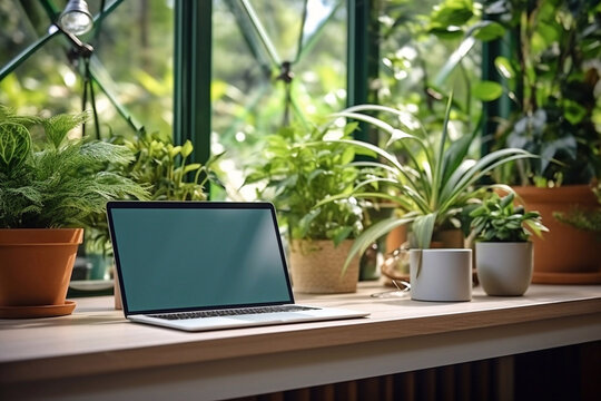 
Woman girl using computer laptop working office work remotely from home. urban jungle home plants. Distance learning online education and work.