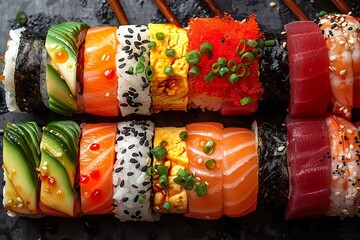 Fototapeta na wymiar pieces of sushi with chopsticks