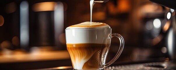 Barista using coffee machine to Steaming milk froth for preparing coffee. Microfoam is milk formed using a steam wand on an espresso machine