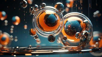 Abstract 3D art. Spherical harmony in golden and black droplets - obrazy, fototapety, plakaty