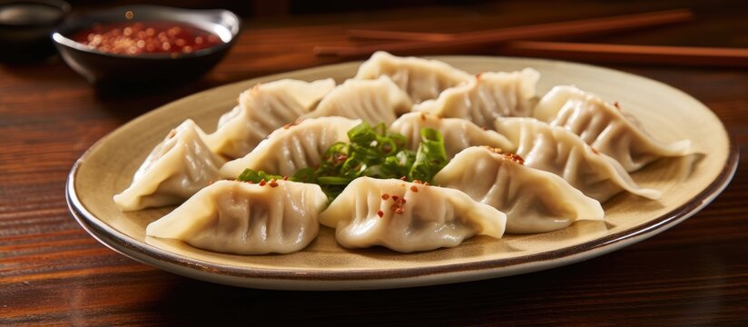A plate of dumplings sits on a wooden table, showcasing traditional Asian cuisine. The dumplings are steamed and filled with flavorful meat, making them a popular appetizer at the vintage Chinese