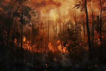 A forest fire, caused by drought and human negligence, destroying the trees and wildlife