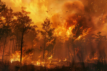 Obraz na płótnie Canvas A forest fire, caused by drought and human negligence, destroying the trees and wildlife
