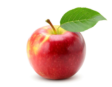 Apfel mit Blatt isoliert auf wei&szlig;en Hintergrund, Freisteller