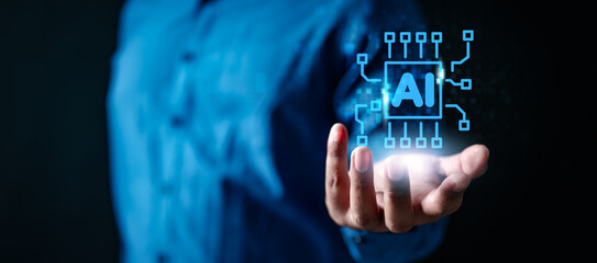 ai, network, neural, technology, innovation, tech, digital, futuristic, cyberspace, intelligence. businessman with hologram ai technology in hand. digital marketing. big data and financial banking.