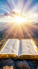An inspiring image of an open bible with mountainous sunrise in the background, illustrating new beginnings