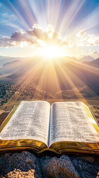 An inspiring image of an open bible with mountainous sunrise in the background, illustrating new beginnings
