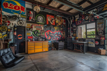 A garage with a eclectic style and a mural wall