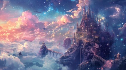 Swirling architecture in a cute fantasy world where buildings touch the stars and dreams are built from the clouds