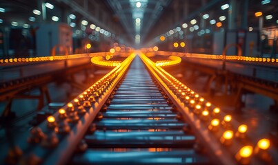 A close up of parallel train tracks with lights running along them, showcasing the symmetry and engineering of the transportation system within a metropolitan area