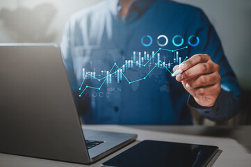 chart, graph, finance, stock, analysis, financial, digital, growth, investment, investor. use pen to measuring level bar chart via indicator and pie chart virtual, risk management control and strategy