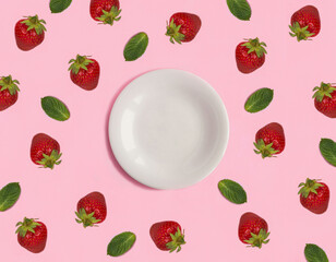 Empty white plate for text, strawberry and mint on the pink background. Top view. Copy space.