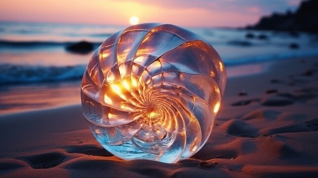 large Nautilus shell glowing on the beach