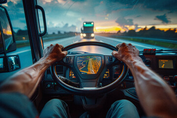 Close-up of a truckers hands holding a steering wheel - obrazy, fototapety, plakaty