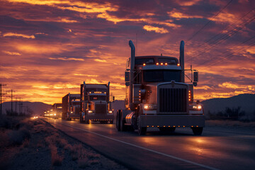 A convoy of semi-trucks driving in formation at sunrise, showcasing the unity and efficiency of modern logistics.