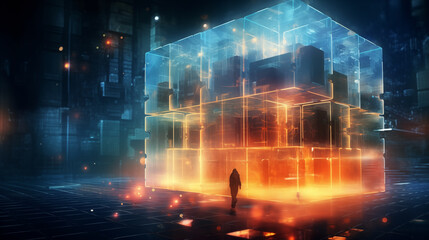 Futuristic cube hologram with solitary figure: person stands before an illuminated holographic projection of a huge glowing tesseract at night