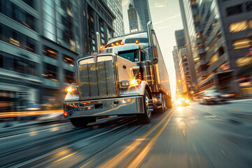 Fototapeta premium A determined female truck driver navigating a massive 18-wheeler through a bustling cityscape at sunrise, showcasing the energy and dynamics of urban logistics.
