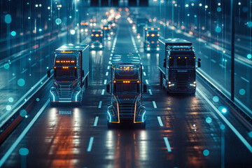 A convoy of driverless semi-trucks moving in sync on a smart highway, with LED displays showing real-time logistics data. - obrazy, fototapety, plakaty