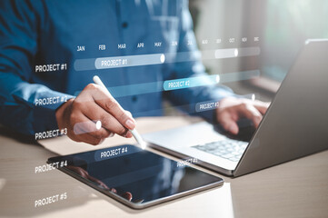 schedule, screen, software, chart, management, progress, project, update, business, manager. project manager working and update tasks with milestones progress planning and gantt chart scheduling.