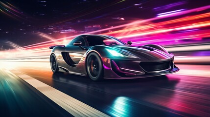 Witness the powerful acceleration of a speeding sports car on a neon-lit highway, with colorful lights and trails streaking along the night track. Rendered in 3D. - obrazy, fototapety, plakaty