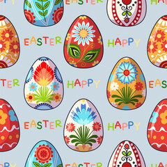 Fototapeta na wymiar Happy Easter seamless pattern. Easter eggs with traditional floral or geometric pattern