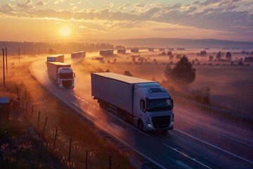 A convoy of semi-trucks driving in formation at sunrise, showcasing the unity and efficiency of modern logistics.