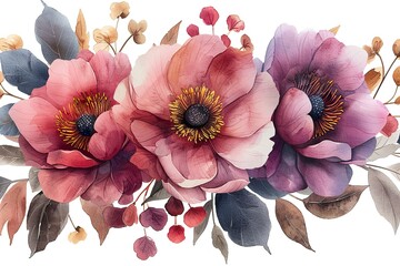 Watercolor pink magenta peony flowers bouquet clipart. Floral arrangement for card,