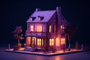a house with trees and lights - obrazy, fototapety, plakaty