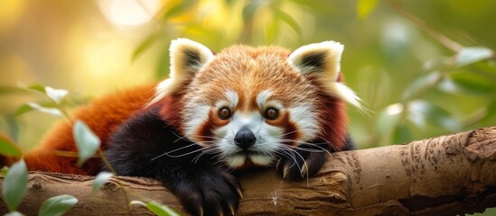 Graceful red panda bear enjoying the day while resting on a peaceful tree branch in the forest - Powered by Adobe
