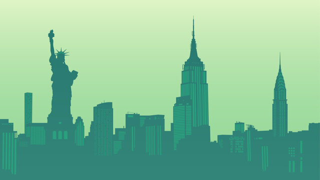 Silhouette vector background of Manhattan cityscape. New York City, United States. Statue of Liberty, Empire State Building, Rockefeller Plaza, Office Building. Travel illustration