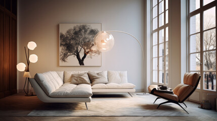 A stylish living room with a striking lighting fixture giving the room a special ambiance