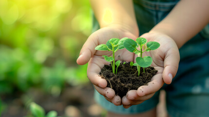 Child's hands nurturing young plants in soil with sprouting plants, symbolizing growth and care - obrazy, fototapety, plakaty