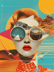 Surreal collage art with vintage woman and scenic elements. female figure, geometric shapes, and contrasting landscapes