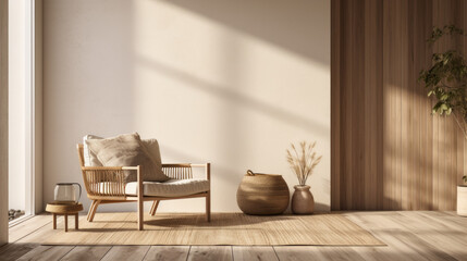 A stylish living room with a cedar wall, a wicker chair, and a natural cotton rug - obrazy, fototapety, plakaty
