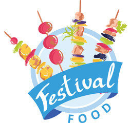Colorful skewers meat vegetables, food festival logo design. Fresh ingredients kebabs, event banner. Culinary feast community gathering vector illustration