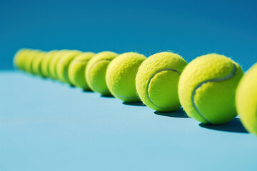 Row of tennis balls on blue background with one ball in foreground