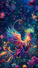 Fototapeta na wymiar Magical bird phoenix of bright colour among spring garden flowers, good luck talisman, fantastic beast, background image, mobile phone wallpaper, background for cellphones, mobile phone, iOS, Android 