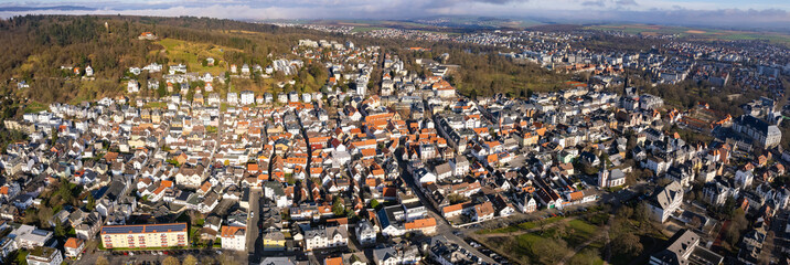 Aerial around the city Bad Nauheim in Germany on a sunny afternoon in autumn	