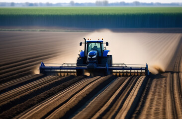 A blue tractor with a plow attached is plowing a field - obrazy, fototapety, plakaty