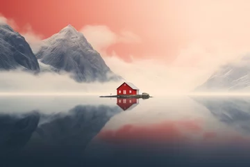 Peel and stick wall murals North Europe a house on a small island in the middle of a lake
