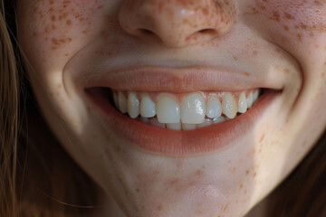 A healthy snow-white smile with a gap between the front teeth and a freckle on the nose
