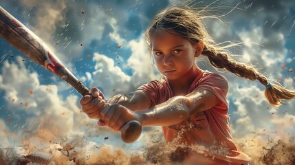 A young girl holds a baseball bat and ball under the cloudy sky