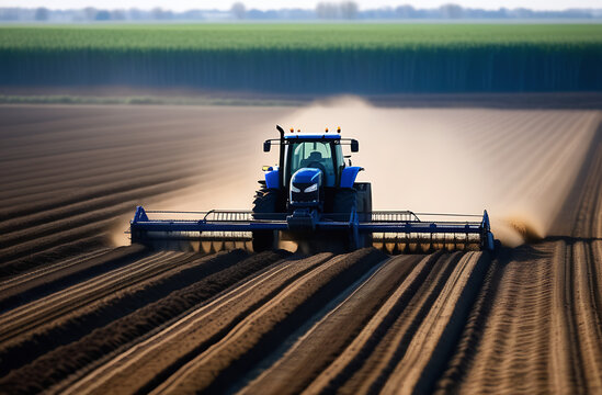 A blue tractor with a plow attached is plowing a field