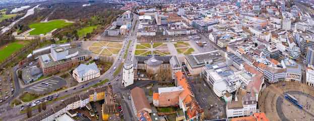 Aerial view around the downtown of the city Kassel in Hessen, Germany on a cloudy day in early spring.	