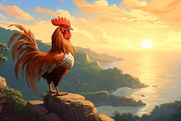 a rooster standing on a cliff overlooking a body of water