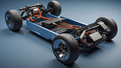 Electric Scotter chassis, to reveal the battery pack, motor, and other key elements, full view of a...